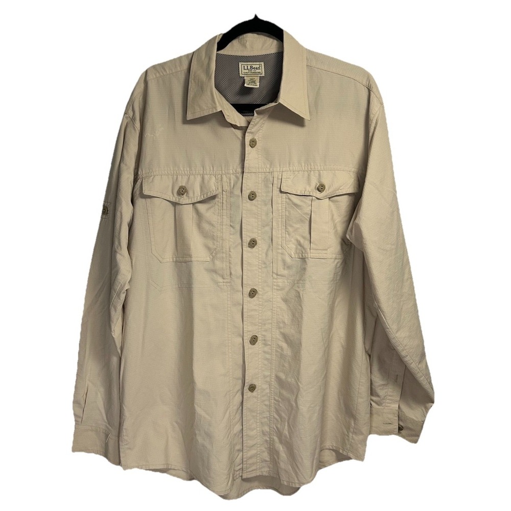LL Bean Fishing Shirt Men's Large Brown Nylon Pockets Buttons Mesh‎ Lined Vented